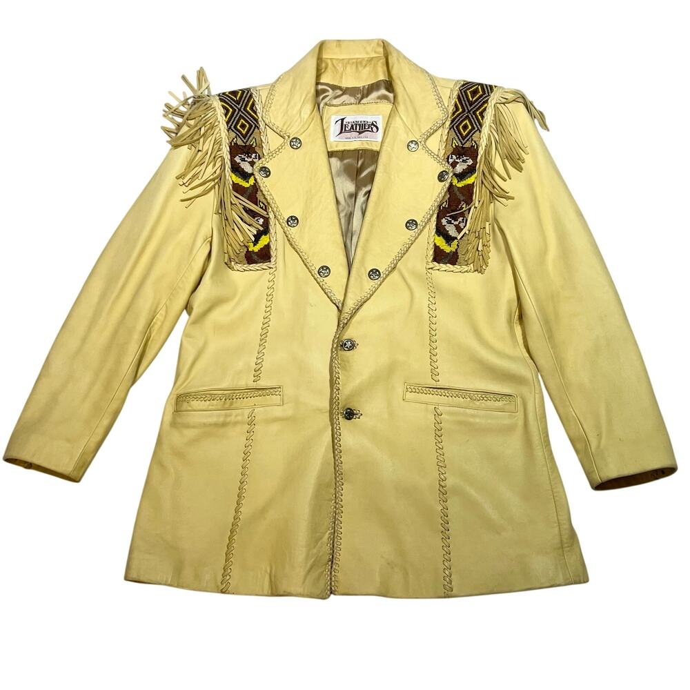Vintage Diamond Leathers Fringe Western Jacket Cream Mustard Beaded Coat Large